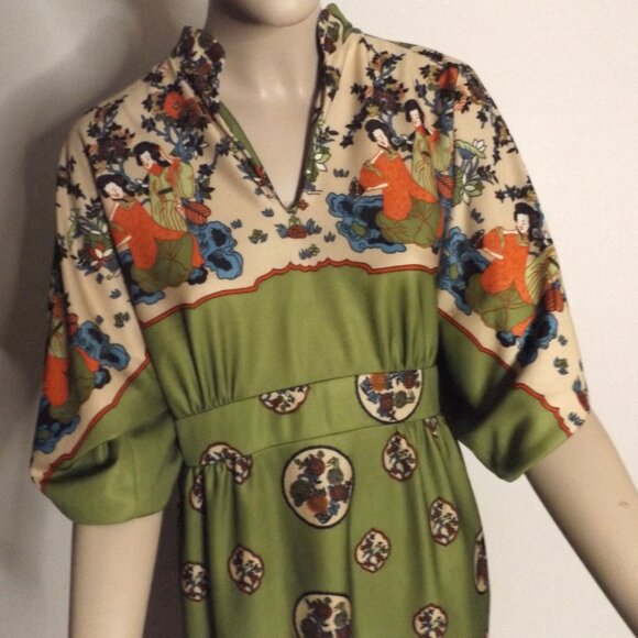 Vintage 60s Leslie Fay Original Maxi Dress – Japanese Art Print – Olive Green – - Picture 6 of 8
